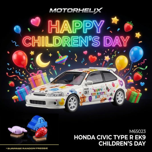 A children's day themed Honda Civic Type R K9 model car by MotorHelix, decorated with colorful cartoon stickers and 'HAPPY CHILDREN'S DAY' text. The car is shown against a black background surrounded by festive neon balloons, gifts, and confetti, with product details and a surprise freebie badge displayed.