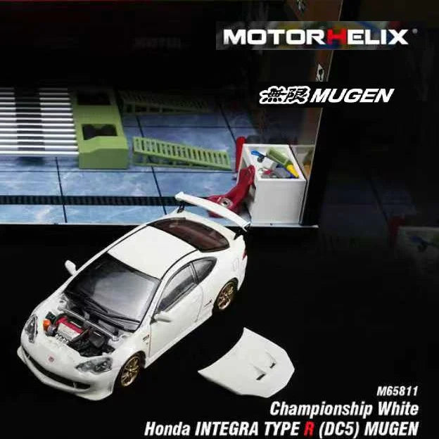 Model car of Honda Integra Type R with MUGEN branding on a dark background