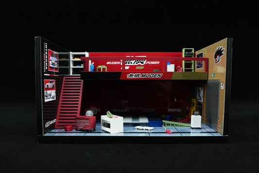 Model garage with various tools and equipment on a black background