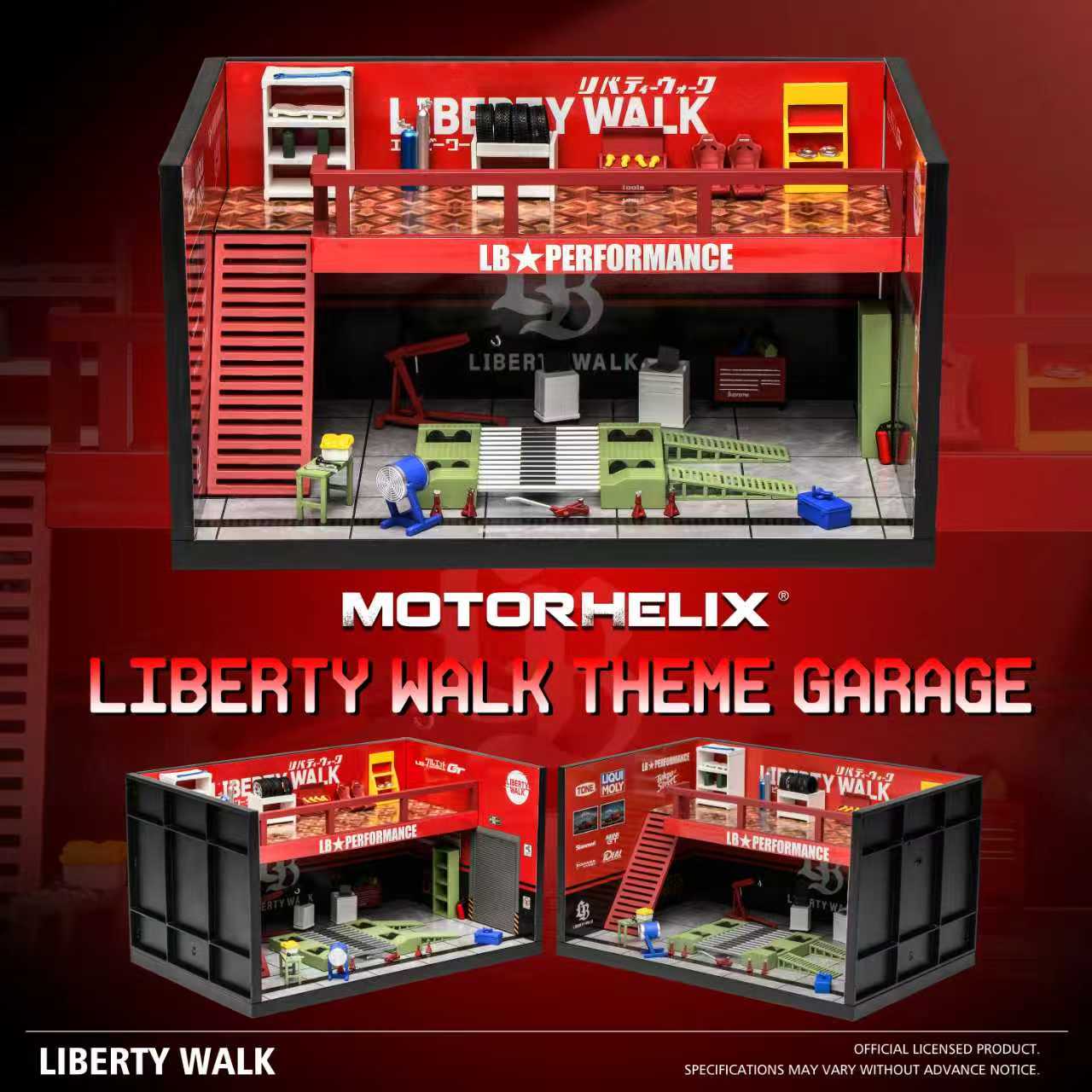 Liberty Walk-themed miniature garage model with red and green accents, featuring shelves, tools, and car parts for custom modifications. It conveys an atmosphere of automotive creativity and precision.