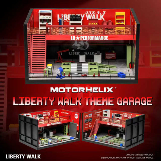 Liberty Walk-themed miniature garage model with red and green accents, featuring shelves, tools, and car parts for custom modifications. It conveys an atmosphere of automotive creativity and precision.