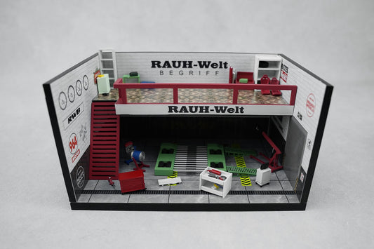 Model garage with 'RAUH-Welt BEGRIFF' branding on a white background