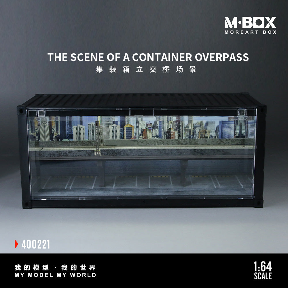 Model container with a detailed urban scene diorama featuring a city skyline and an overpass. Displayed as 1:64 scale. Text reads "The Scene of a Container Overpass."