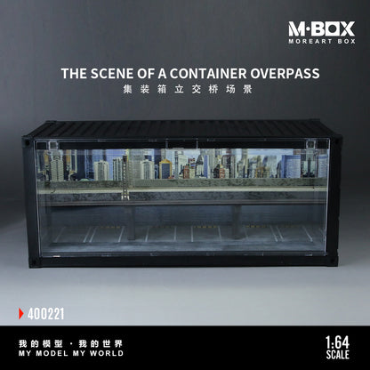 Model container with a detailed urban scene diorama featuring a city skyline and an overpass. Displayed as 1:64 scale. Text reads "The Scene of a Container Overpass."