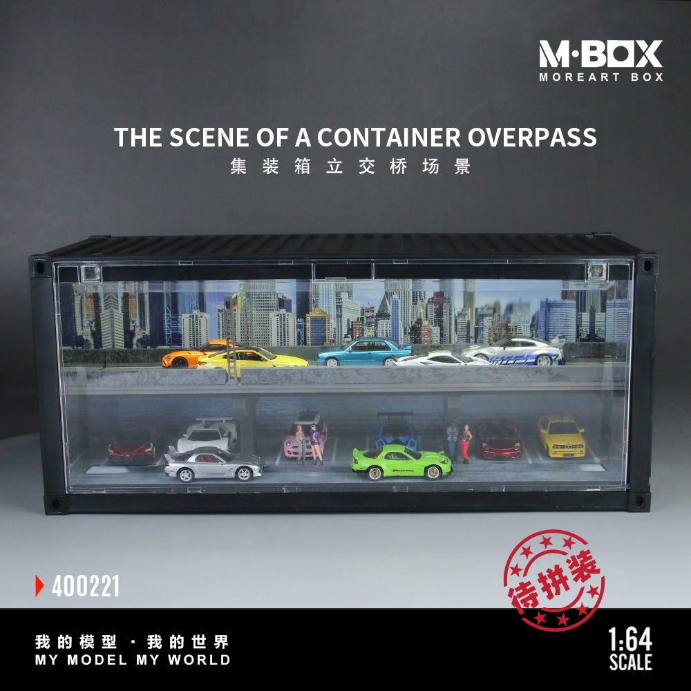 Model scene of a miniature container overpass with 1:64 scale cars in a display box. City skyline backdrop, showcasing diverse colorful vehicles.