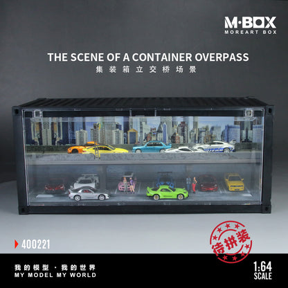 Model scene of a miniature container overpass with 1:64 scale cars in a display box. City skyline backdrop, showcasing diverse colorful vehicles.