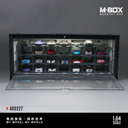 Model car display case with multiple miniature cars inside, featuring M-Box branding.