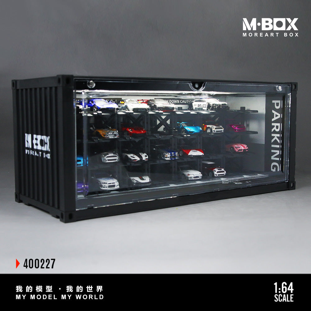 Model car display case with multiple model cars inside, featuring M-BOX branding.