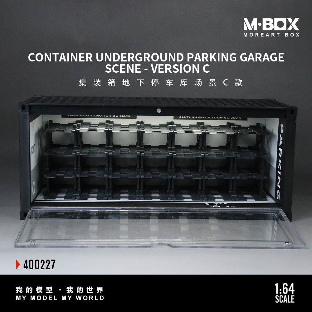 Model container underground parking garage scene with M-BOX branding on a gray background