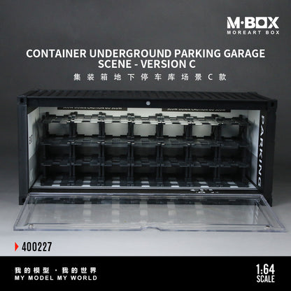 Model container underground parking garage scene with M-BOX branding on a gray background