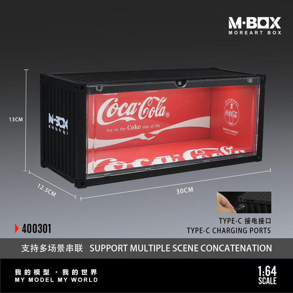 Coca-Cola-themed M-Box model with dimensions and charging ports on a gray background