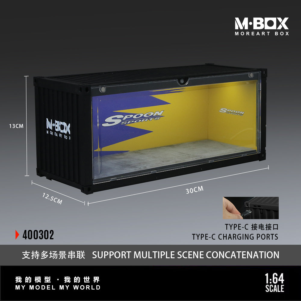 Model car display case with dimensions and branding on a gray background