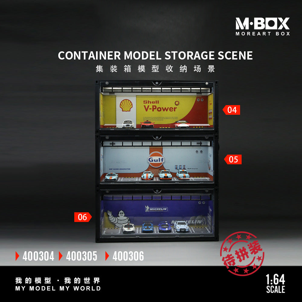 Three-tier container model storage showcasing miniature cars. Top: Shell V-Power theme, middle: Gulf theme, bottom: Michelin theme. M-Box branding displayed.