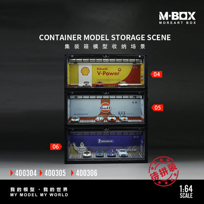 Three-tier container model storage showcasing miniature cars. Top: Shell V-Power theme, middle: Gulf theme, bottom: Michelin theme. M-Box branding displayed.