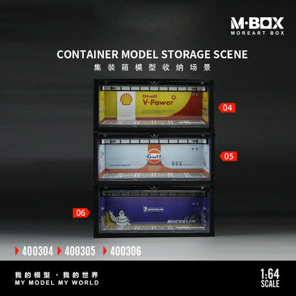 Stacked model storage containers with logos: Shell V-Power, Gulf, and Michelin from top to bottom. Labels 04, 05, 06. Branding: "Moreart Box".