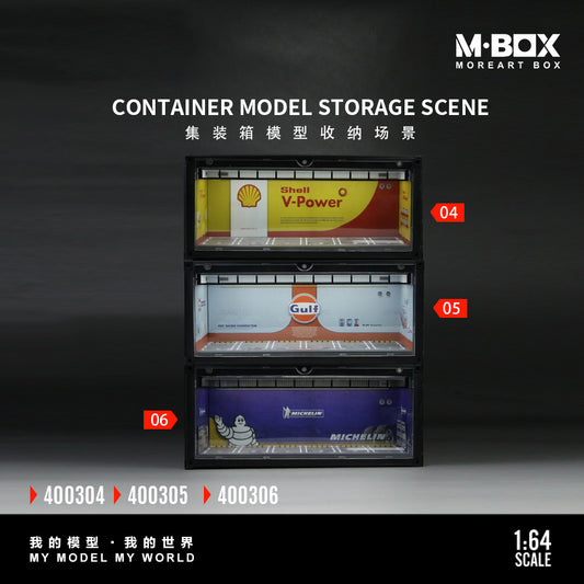 Stacked model storage containers with logos: Shell V-Power, Gulf, and Michelin from top to bottom. Labels 04, 05, 06. Branding: "Moreart Box".