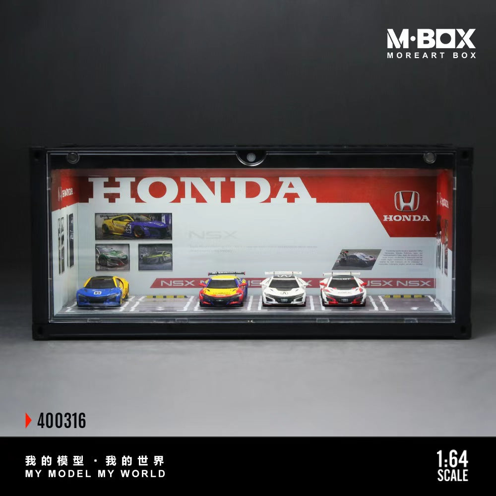 Model car display case with Honda branding and 'M-BOX' branding.