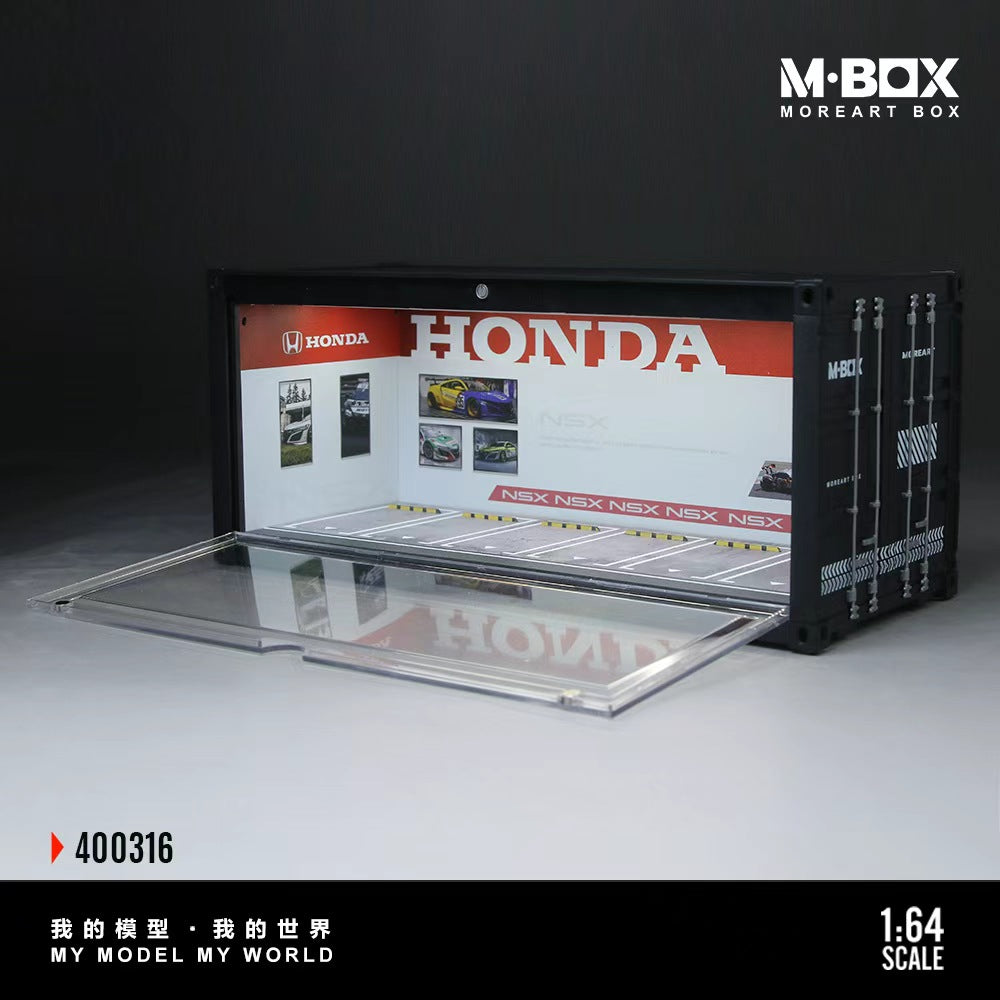 Honda model car display case with M-BOX branding on a dark background
