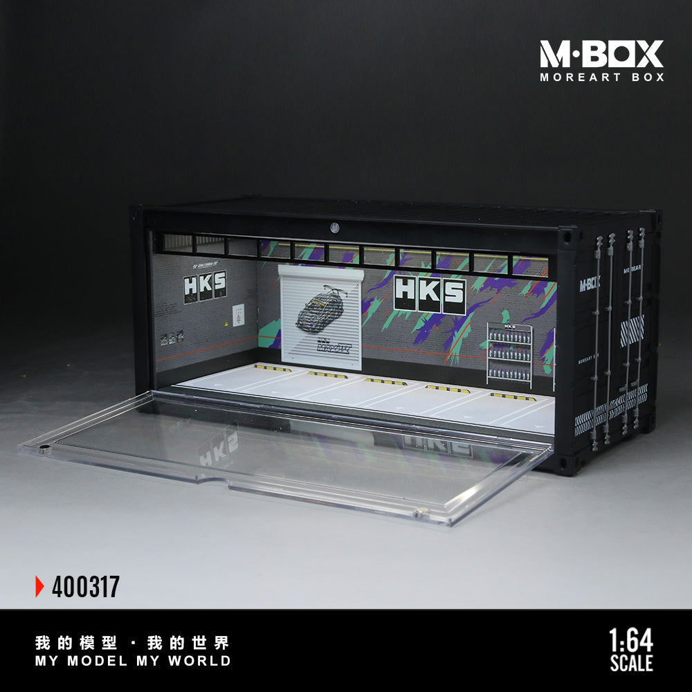 Model container with HKS branding on a dark background, featuring M-BOX branding.
