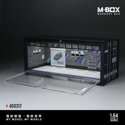 Model container with HKS branding on a dark background, featuring M-BOX branding.