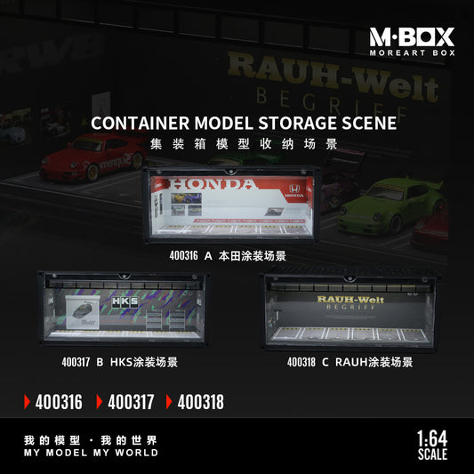 Model car display case with HONDA & HKS & RWB branding and 'M-BOX' branding.