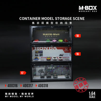 3 Model car display case with HONDA & HKS & RWB branding and 'M-BOX' branding.