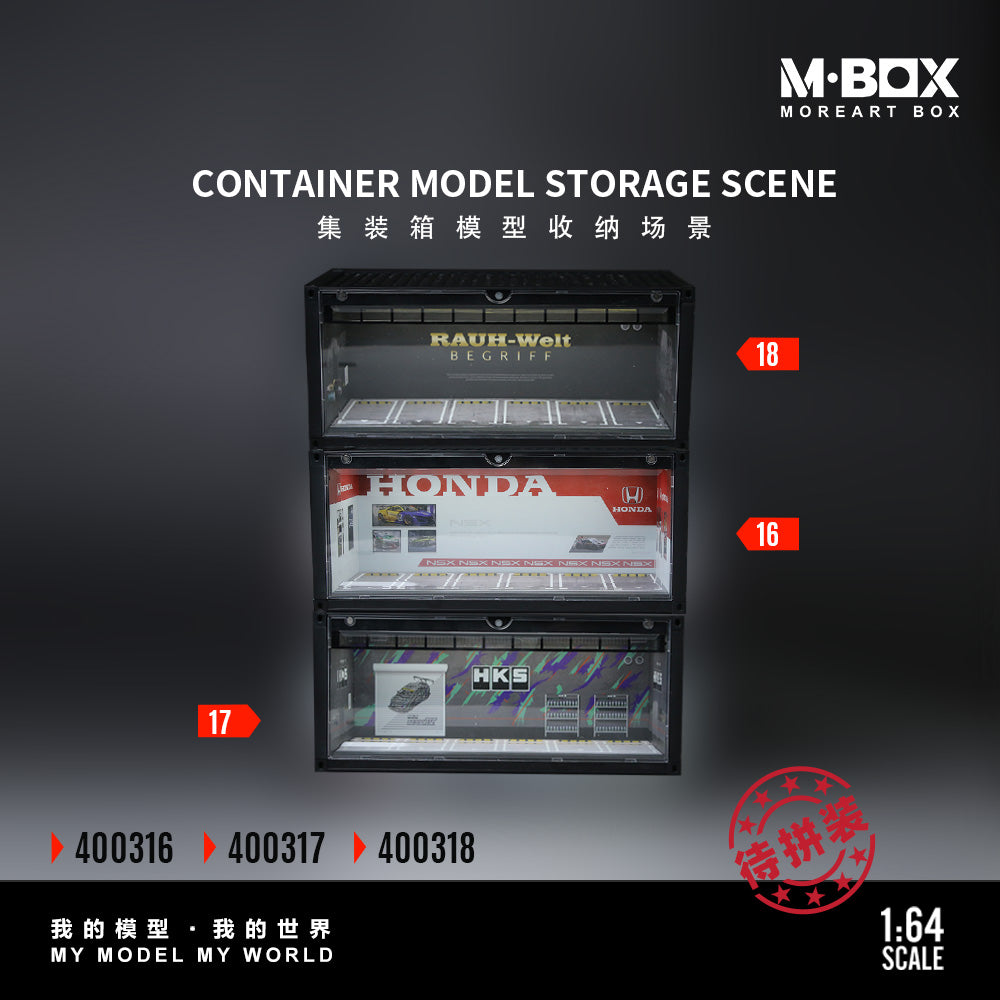 Container model storage scene with labeled drawers on a dark background, featuring M-BOX branding.
