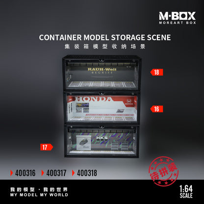 Container model storage scene with labeled drawers on a dark background, featuring M-BOX branding.