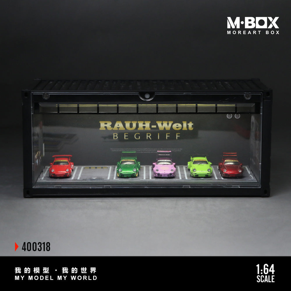 Model car display case with RWB branding and 'M-BOX' branding.