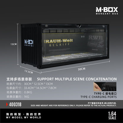 Model container with RWB branding on a dark background, featuring M-BOX branding.