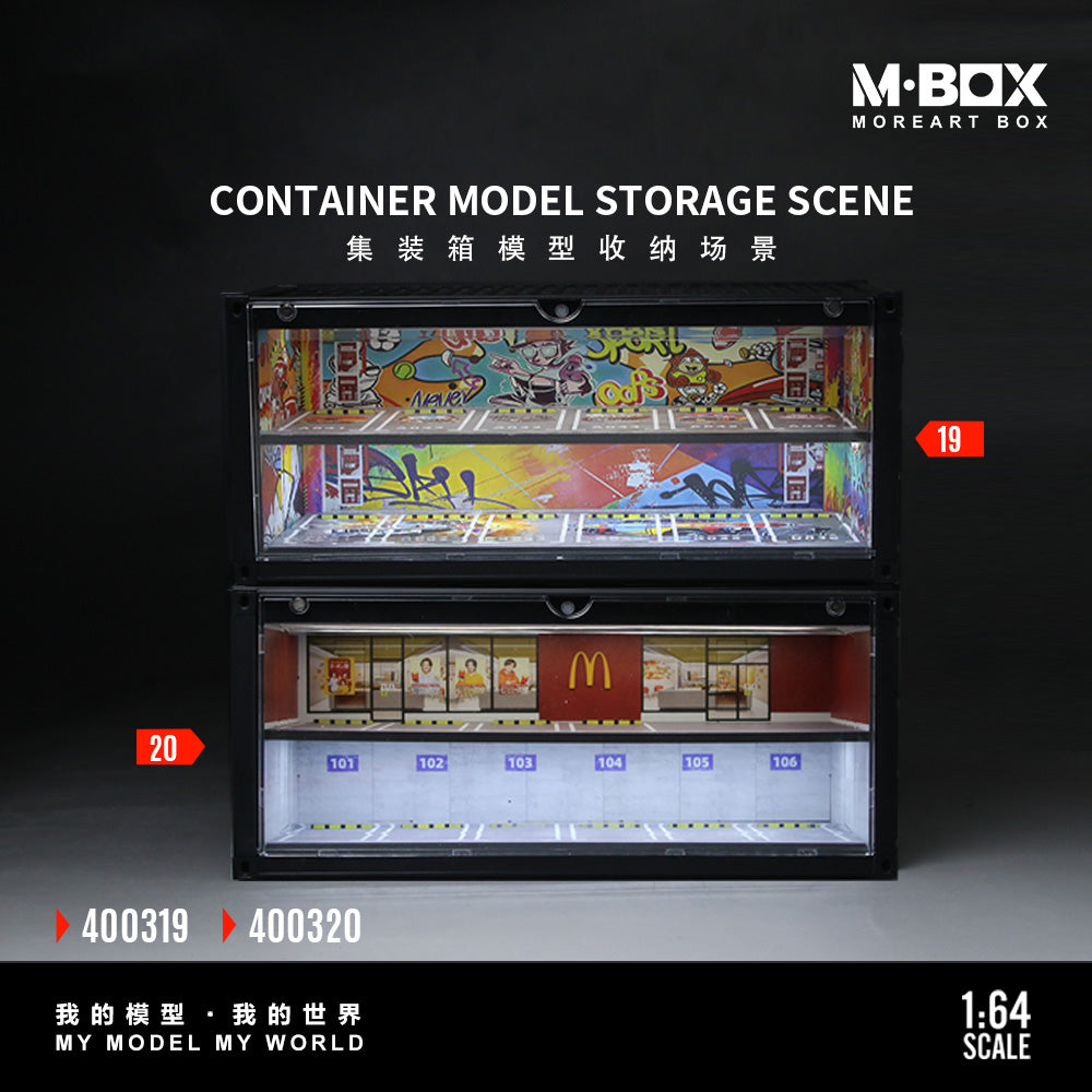 Container model storage scene with colorful models on shelves, featuring M-BOX branding.