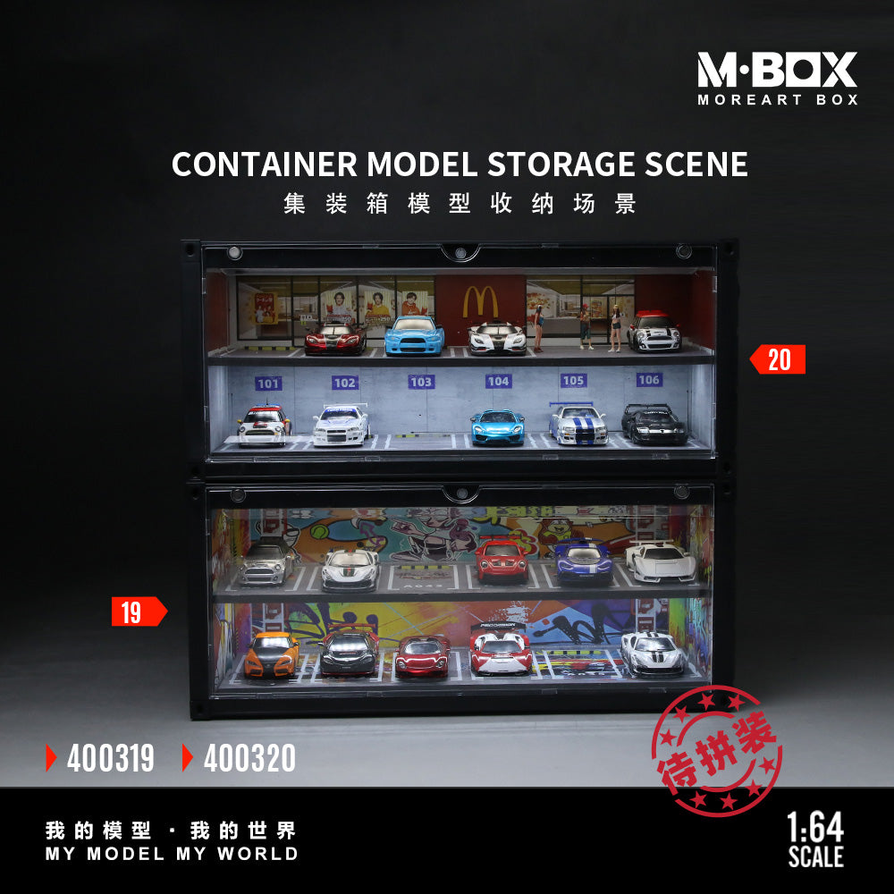 M-BOX MoreArt Box double-tier model car storage display scene with 20 toy cars arranged inside a black-framed glass display case on a dark background.