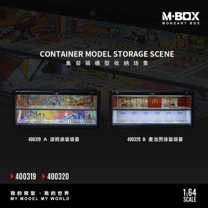 Promotional graphic for M-BOX More Art Box showing two illuminated container model storage scene lights with colorful printed artwork panels, labeled 400319 and 400320, on a dark background with product text and scale information.