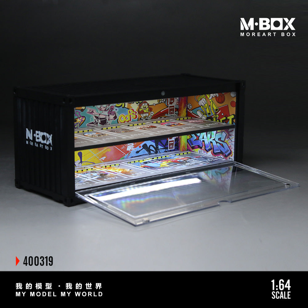 M-Box display case with colorful interior on a dark background