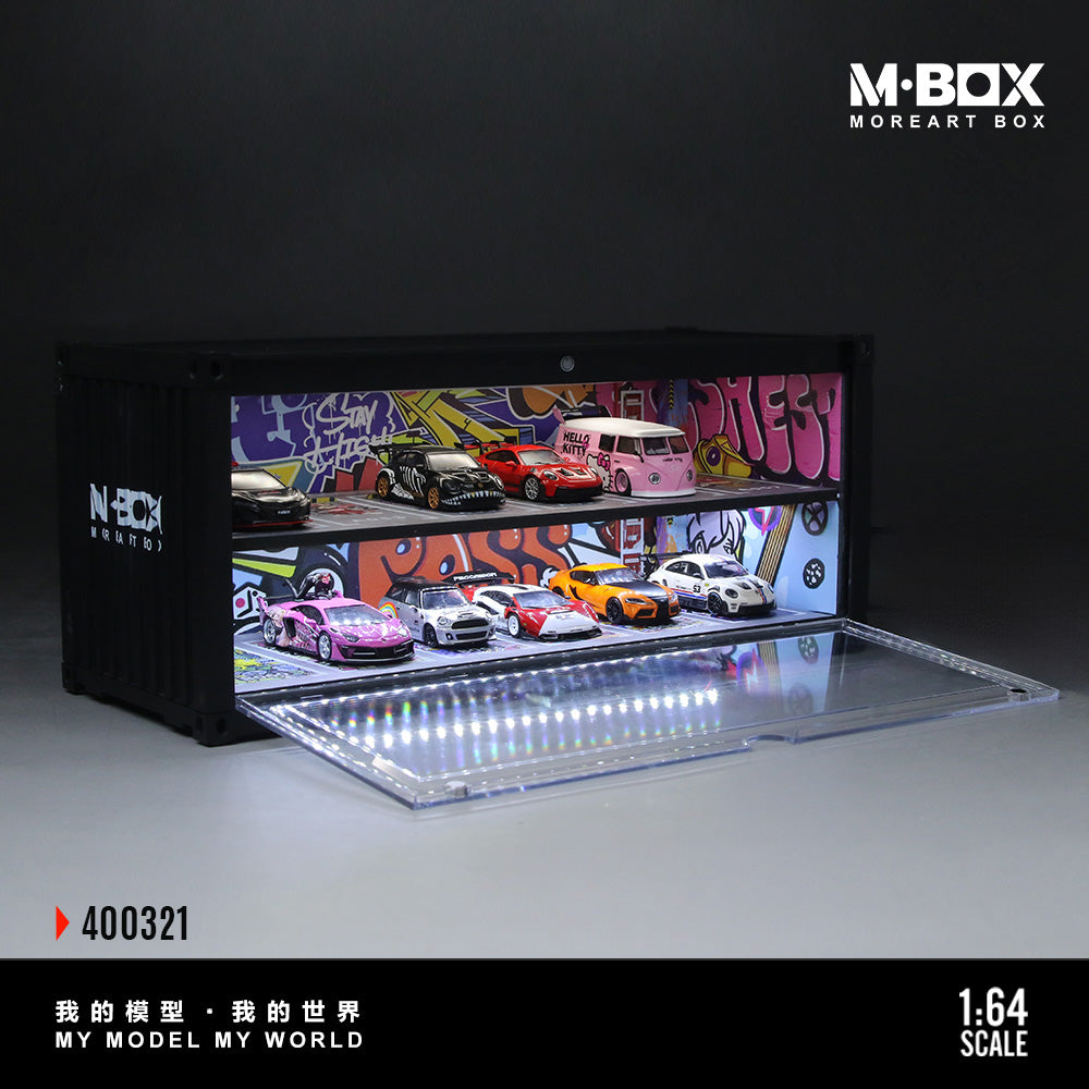 Model car display case with LED lighting and M-BOX branding