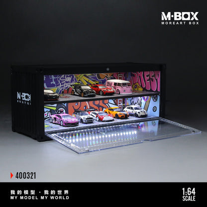 Model car display case with LED lighting and M-BOX branding