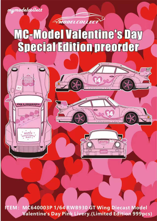 Pink themed poster featuring a Valentine's Day special edition model car, adorned with hearts and symbols. Background has overlapping heart patterns.