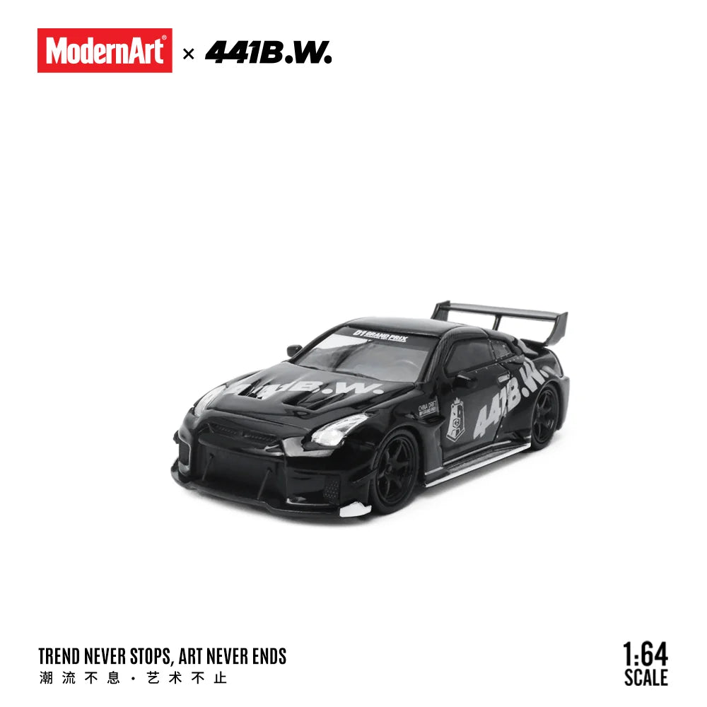 Black model car with branding on a white background