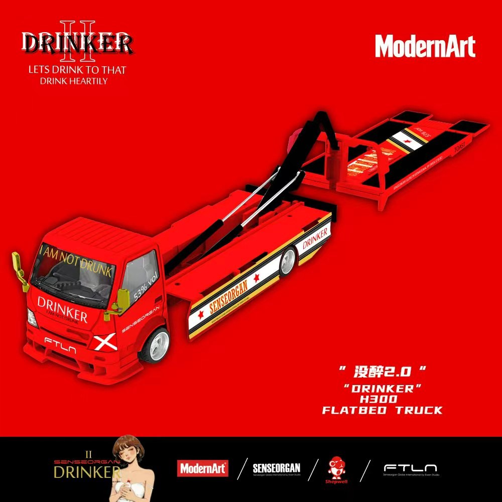 A red flatbed truck with 'DRINKER' and 'ModernArt' branding, shown on a solid red background with promotional text and logos.