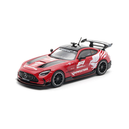 Red and black model car with branding on a white background