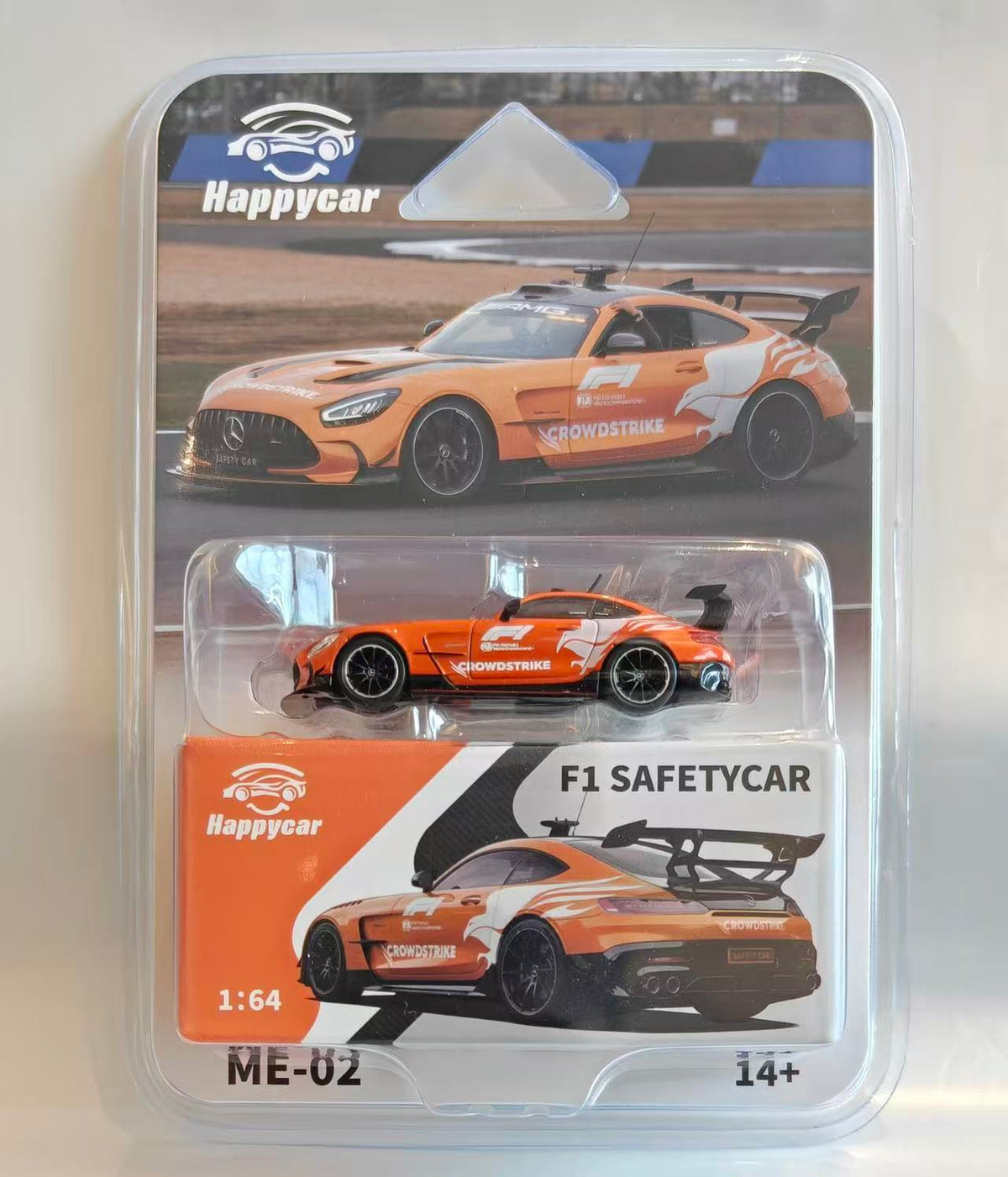 Happycar F1 Safetycar ME-02 1:64 scale diecast model car in its original blister card packaging, featuring an orange and white livery with sponsor decals.