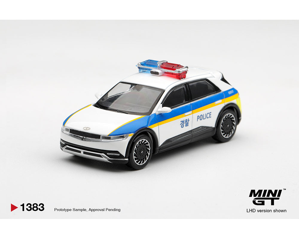 MINI GT 1:64 Hyundai IONIQ 5 Korean Police white and blue diecast model car with red and blue roof light bar, MGT01383-LHD