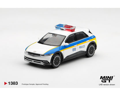 MINI GT 1:64 Hyundai IONIQ 5 Korean Police white and blue diecast model car with red and blue roof light bar, MGT01383-LHD