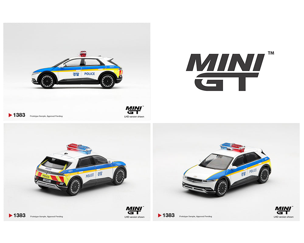 MINI GT 1:64 Hyundai IONIQ 5 Korean Police white and blue diecast model car with roof light bar, MGT01383-LHD