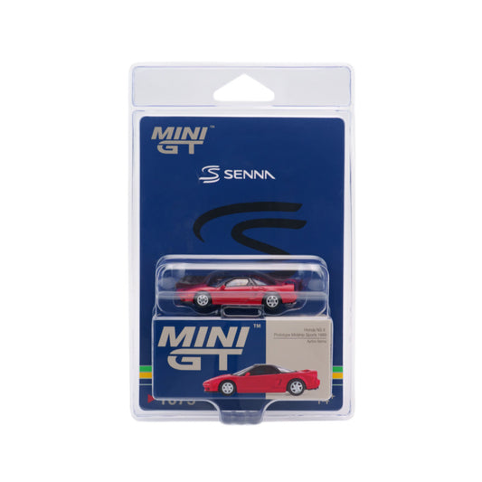 A Mini GT Senna diecast model car in its original blister packaging, featuring a red car on a blue card with the Senna logo.