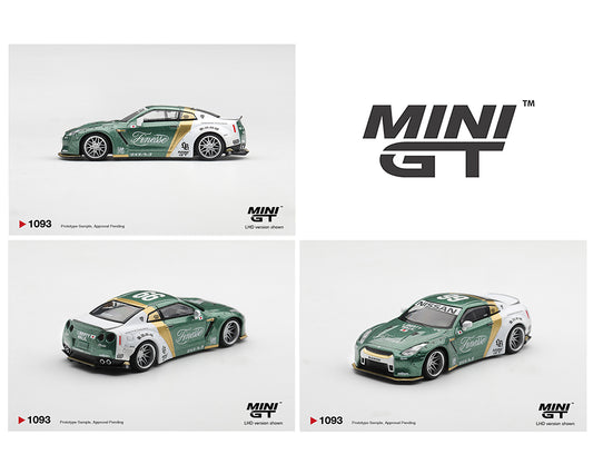 Three views of a Mini GT toy car on a light gray background, showing the front three-quarter, rear three-quarter, and side profiles of a green, white, and gold Nissan Skyline R35 race car. The image also features the prominent black 'MINI GT' logo on the right.