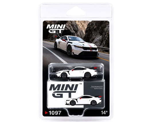 Mini GT 1:64 Ford Mustang GTD Spirit of America white diecast model car in blister packaging MGT01097-BL
