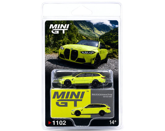 Mini GT 1:64 BMW M3 M Performance Touring Sao Paulo Yellow diecast model car in blister packaging MGT01102-BL
