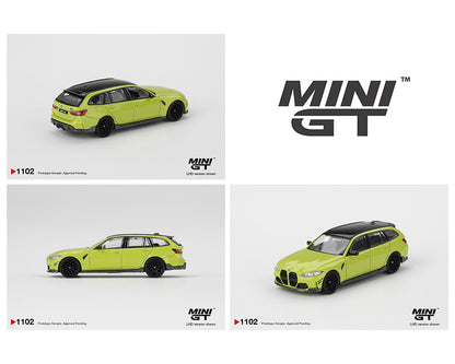 Three views of a lime green model car with 'MINI GT' branding on a white background.