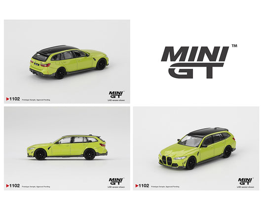 Three views of a lime green model car with 'MINI GT' branding on a white background.